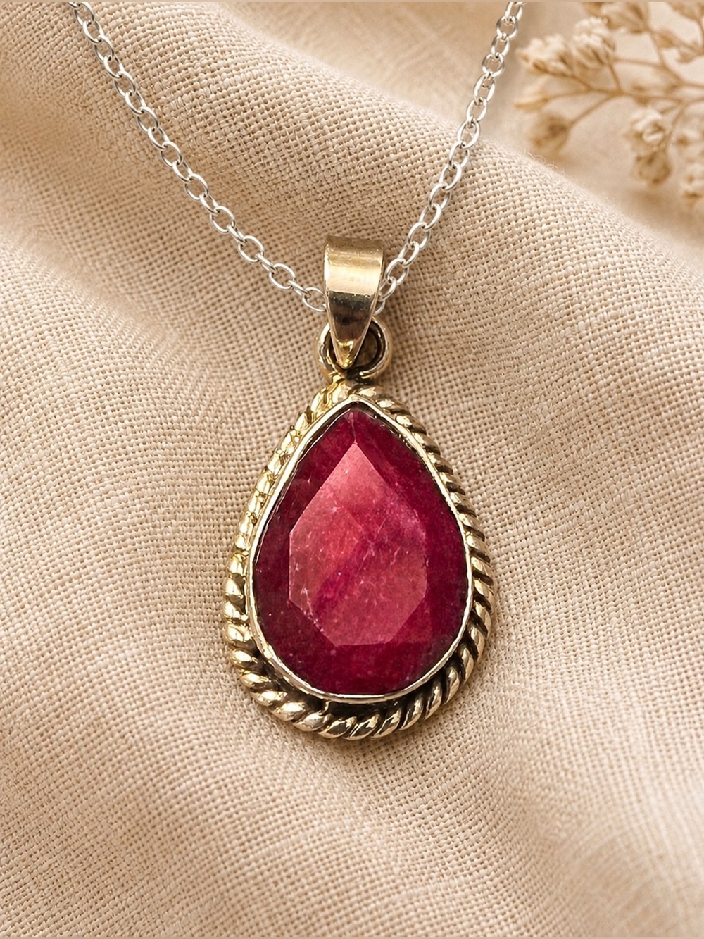Natural Ruby Corundum Faceted Teardrop 925 Silver Bezel Set Pendant NEW #682
